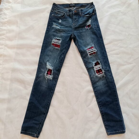 Judy Blue Los Angeles Skinny Fit Distressed Plaid Print Accent Y2k Grunge Jeans - Picture 2 of 9